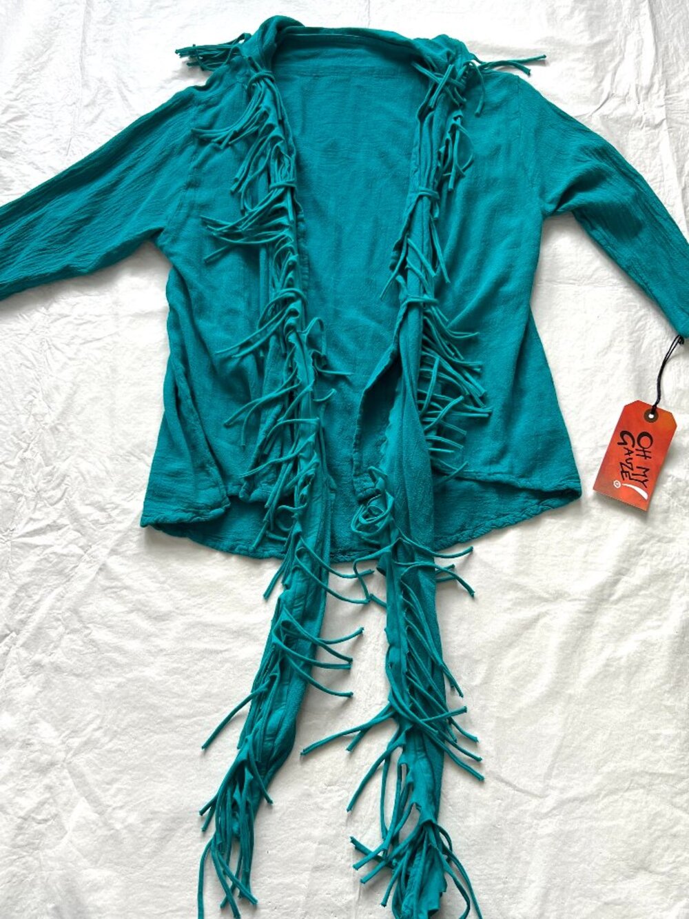 Oh My Gauze cardigan open teal blue fringe tie front size 1 Small medium top